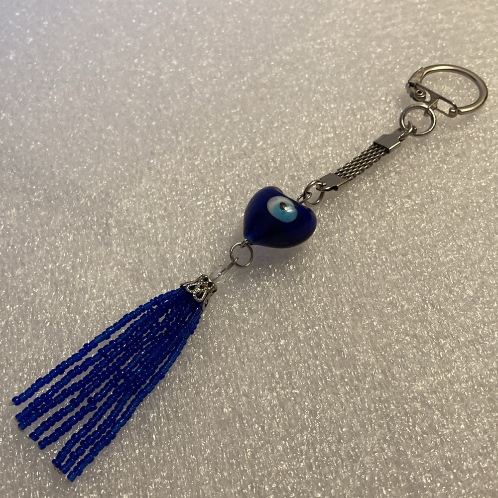 NWOT - Evil Eye Key Ring With Blue Heart Glass Amulet & Blue Beaded Tassel